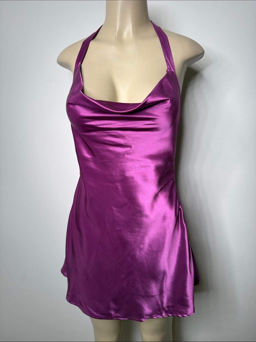 Satin Halter Mini Dress in Magenta